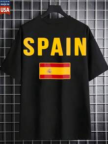 Spain Flag T Shirt 100 Percent Cotton Black Tee For Men Women Spanish National Team Soccer Jersey Graphic Tees Short Sleeve Shirts Made In USA - 黑色 - 查看 1