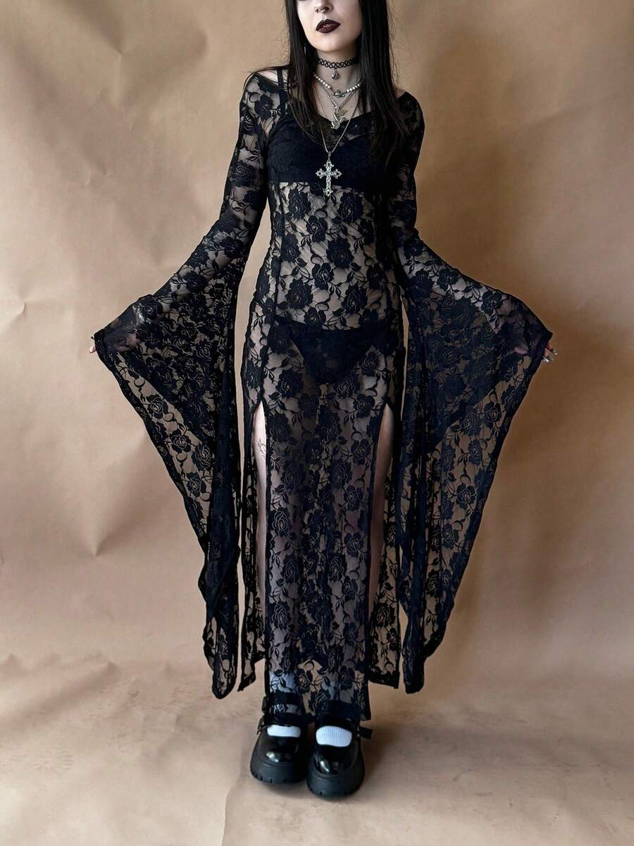 Womens Gothic Lace Maxi Dress V Neck Mesh Bell Sleeve High Slit Witchy ...