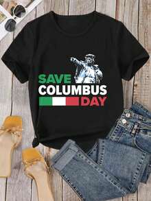 Save Columbus Day Women's T-Shirt Italian Pride Heritage History Tee Short Sleeve Crew Neck Casual Top for Spring &amp; Summer, Lightweight Summer &amp; Spring Tee, Machine Washable, Nontransparent Fabric