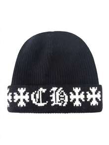 1pc Vintage Knit Hat, Unisex Warm Double-Layer Knitted Cap, Thick Large Circumference Beanie, Brand, Suitable For Autumn/Winter - Multicolor - View 2