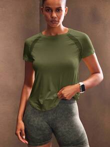 Powerista 女式简约圆领插肩袖运动T恤，夏季 - 軍綠色 - 查看 1