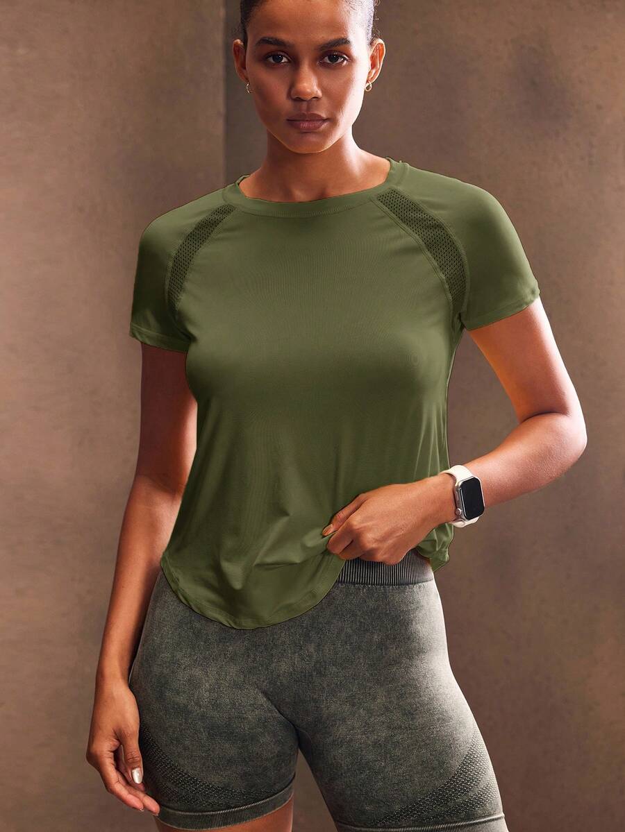 Powerista 女式简约圆领插肩袖运动T恤，夏季 - 軍綠色 - 查看 1
