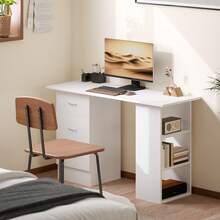 HOMCOM Computer Desk, Writing Table, PC Workstation With 3 Storage Shelves And Drawers, Silver Handle, For Home Office, White - White - View 9