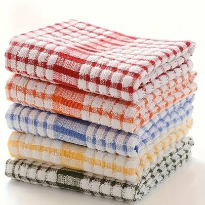 5-Pack Absorbent Plaid Dish Towels - Reusable Kitchen Cleaning Cloths For Drying Dishes And Cleaning Dirty Utensils, Kitchen Towels