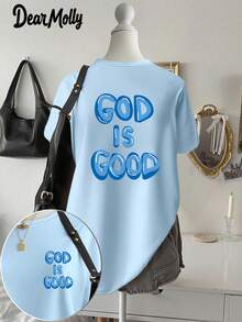 Áo thun nữ JOYY "God Is Good" cổ tròn tay ngắn theo phong cách Cơ Đốc giáo, dáng rộng thoải mái, in chữ màu hồng hai mặt, trang phục thường ngày tối giản - Màu xanh nhạt - Xem 1