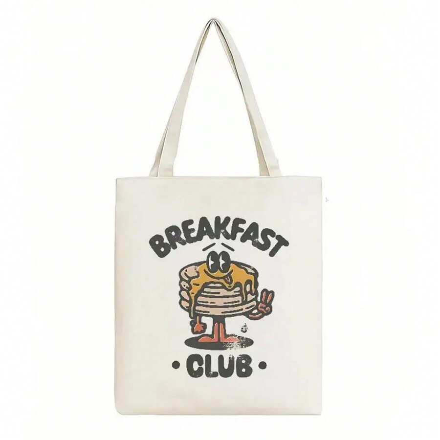 Breakfast Club Tote Bag - Open Top Canvas-Like Grocery Bag With Pancake Print, Commuting, Shopping, Lunch Runs - Durable Everyday Carryall Breakfast Lovers & Brunch Outings, Playful Graphic Design, Vibrant Design Craftsmanship, Fun Pattern, Reinforced Handles, Casual Shoppers - trắng - Xem 1