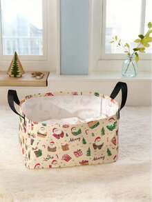 1pc Christmas Santa Claus & Christmas Tree Print Storage Basket, Open-Top Storage Box With Handle, Multi-Purpose Storage Basket For Daily Organizing, Home, Clothing, Socks, Suitable For Living Room, Bedroom, Room Organization - Multicolor - View 14