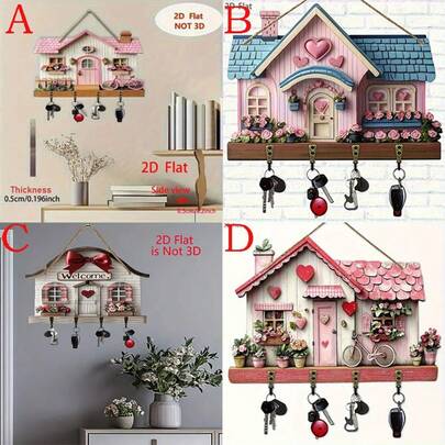 4 Stijlopties - 2D-vlak printen - Pastelroze houten sleutelhanger met 4 metalen haken - Wandgemonteerde organizer voor in de hal, woondecoratie met bloemen- en vogelmotief, geschikt voor veranda, kamer, villa, seizoensdisplay, retro-esthetiek, natuurlijke afwerking, wandorganizer, exclusief voor villa-eigenaar, 2D-vlak