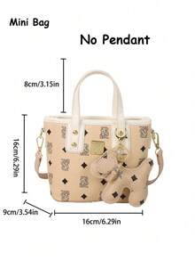 1个迷你手提包，时尚纹理字母可爱卡通熊印花流行水桶包韩版小包，多功能单肩斜挎女包，适合青少年，外出露营，旅行使用，日常搭配，适合逛街日常使用。无吊坠。