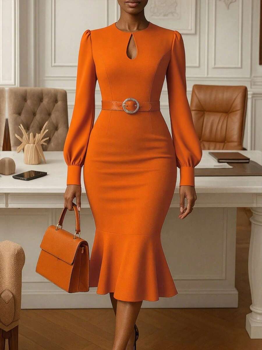GLOURI Women's Orange Bodycon Midi Dress - Keyhole Neck & Long Sleeves With Flared Hem | Vintage Elegant Figure-Hugging Party Dress For Weddings Guest & Date Nights & Halloween - trái cam - Xem 1