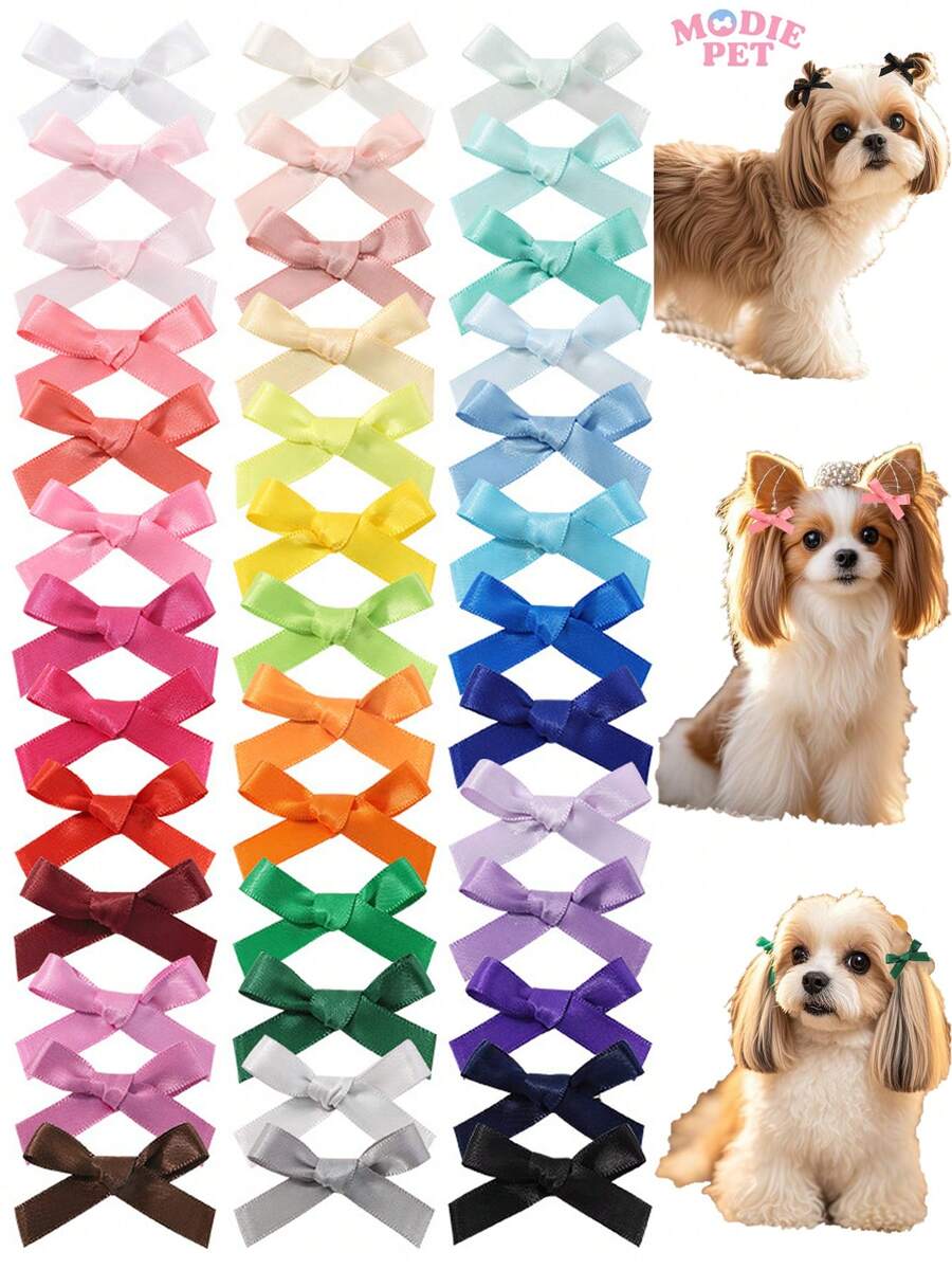 10/20pcs Random Color Fabric Bow Hair Clips, Cute Pet Grooming Accessories For Cats And Dogs - Multicolor - View 1