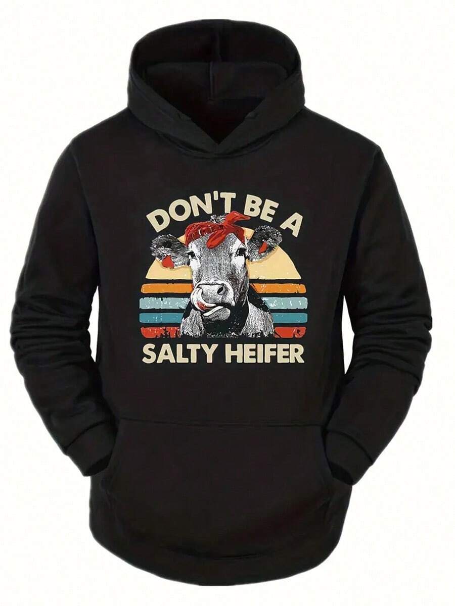 Outdoor Adventures| Men's Plus Size Casual Hoodie - "Don't Be A Salty Heifer" Graphic, Black Polyester Pullover With Drawstring And Long Sleeves, PLUS SIZE,Fall Hoodies,Men's Fall Clothes,Street Wear,Halloween,Mens Hoodies,Y2k Clothes,Jesus Hoodie,Thanksgiving Day,Nightmare Before Christmas,Christmas - Black - View 1
