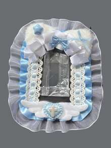 Portafoto in peluche fatto a mano con orecchie da coniglio bianco e rosa con pizzo, accessori kpop, forniture scolastiche, articoli per il ritorno a scuola