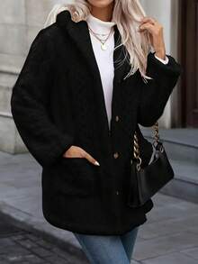 Chaqueta con capucha de piel sintética de unicolor con bolsillo y botones delanteros con estampado de argyle para uso diario en invierno para mujer