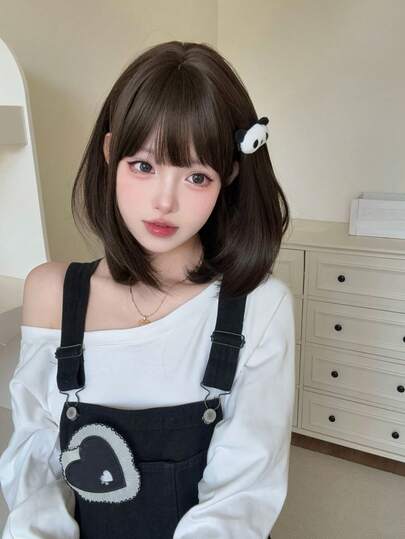 alicegarden 1 Synthetic Heat-Resistant Wig, Black Brown Short Straight Wig With Bangs, 16 Feet Long, Made Of Fiber, Suitable For Daily Use, Natural Simulation Wig