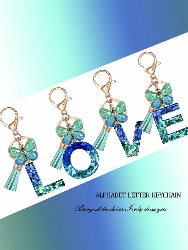 1 pieza, Resina, Llavero con letra inglesa en degradado azul-verde, Colgante de resina cristal y lentejuelas con borla, Accesorios de Halloween, Accesorios para el Día del Maestro, Accesorios para bolsos, Cordones con portaidentificación, Accesorios para coche, Encantos para bolsos, Regalo de Navidad, Ideas de regalo para amiga y hermana