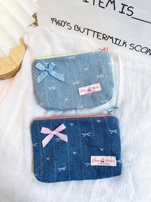 1 Piece Cute Square Coin Purse With Denim Bow Pattern Mini Lipstick Organizer Bag With Detachable Bow Pendant Portable Cosmetics Bag Soft Fabric Sanitary Napkin Organizer Bag Fashionable Clutch Pouch Wallet Small Items Storage Bag For Key, Earphone, Coin, Lipstick, Lip Oil, Card, Girls'Accessories College Vacation Cruise Summer Holiday Essentials Organizer Bag With Zipper Women's Makeup Storage Bag