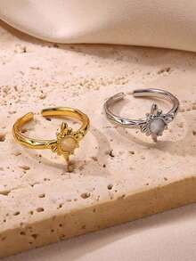 Fashion Pink Sun Stainless Steel Open Rings For Women, 18K Gold-Plated Anti Fading Finger Ring, Golden Wedding Jewelry Party Accessories, Christmas Gifts For Best Friends/Mom