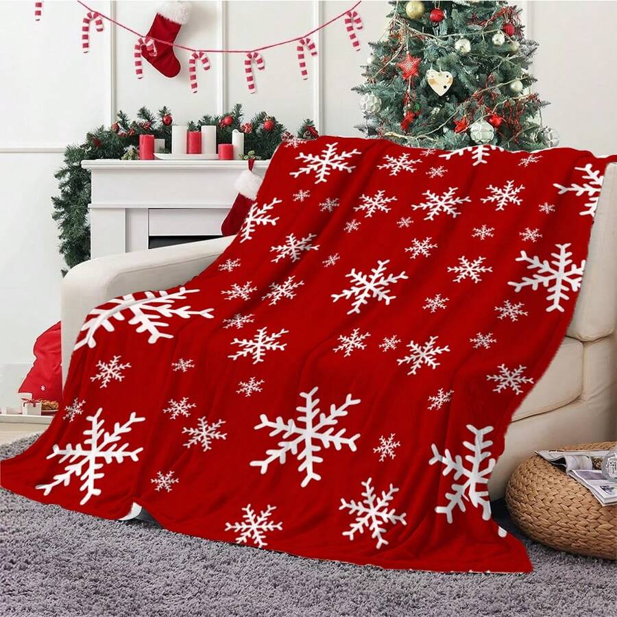 1pc Christmas Theme Super Soft Fleece Blanket, Red Snowflake Print Flannel Blanket, Soft Texture, Warm Function, Practical Throw Blanket For Bedroom, Living Room, Christmas Decor, Office Nap, Camping - Red - View 1