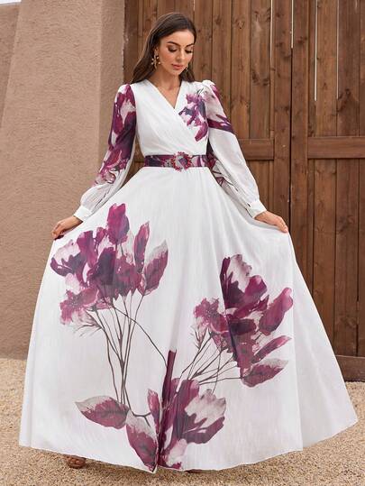 Women's V-Neck Solid Color Random Floral Print With Faux Leather Belt Lantern Sleeve Elegant Maxi Dress