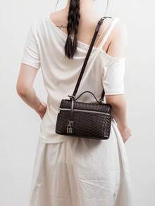 1 件女士高品质纯色 PU 压花编织格子小手提包，女士手提包带手柄，斜挎包，编织手提包，时尚简约优雅多功能经典编织 PU 材质黑色包带金属锁装饰，适合通勤、办公室、约会、日常购物、下午茶等场合 - 彩色 - 查看 13