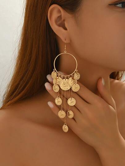 1 Coppia di orecchini pendenti casual con cerchi geometrici, monete e nappe, gioielli eleganti da donna, versatili per uso quotidiano, festival, feste, vacanze