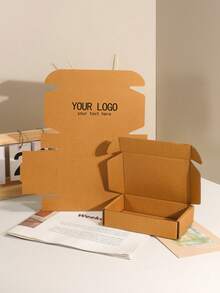 20 pezzi Scatole di imballaggio personalizzabili con logo/testo stampato bianco e marrone di varie dimensioni, scatole di corriere personalizzate, scatole di carta postali, forniture di imballaggio per spedizioni - Cachi - Visualizzare 8