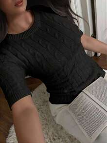 自由式春夏白色、黑色、卡其色毛衣，时尚简约商务休闲通勤优雅度假高端百搭修身可爱上衣，复古韩版风格 - 黑色 - 查看 3