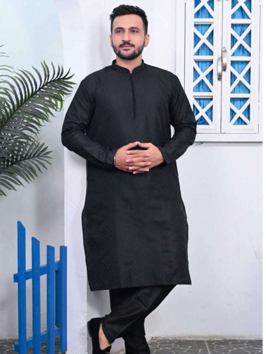 Estationeryhouse Men's Kurta Pyjama In Raw Silk Jacquard Work (Comes With White Pajama) - Black - View 1
