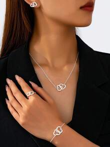 1对心形耳钉，1条手链，1条项链，1个戒指，5件/套 - 銀色 - 查看 5