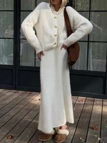 女士优雅休闲纯色两件套，时尚街头蓬松长袖单排扣开衫和裙子针织套装，秋冬 - 白色 - 查看 7