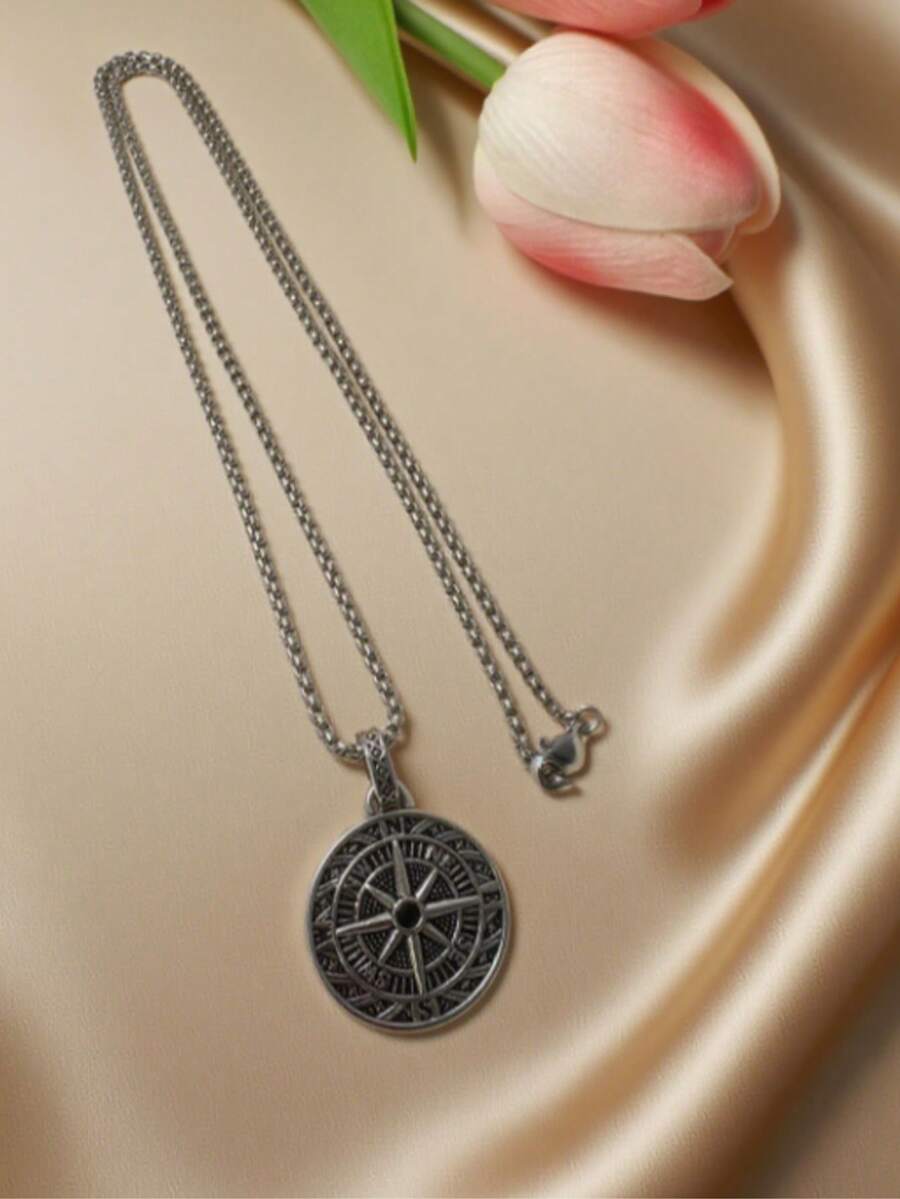 1pc Men's Retro Compass Pendant Necklace, Fashion Sweater Chain - Antique Silver - View 1