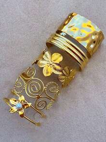 6pcs/3pcs/1pc Vintage Elegant Retro Coin Design Metal Geometric Asymmetrical Hollow Line Wrinkle Flower Wide Hammered Texture Adjustable Bangle Bracelet Set, Exaggerated American Hip-Hop Style Suitable For Women, Couples, Best Friends, Beach, Party, Music Festival, Date, Daily Wear, Jewelry Accessory (Random Style)