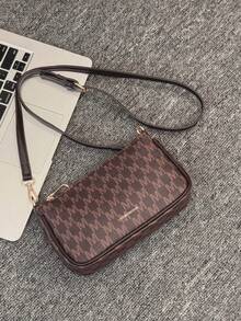 New Fashion Classic Versatile PU Waterproof Fabric Letter Pattern Printing Design Metal Chain Decoration Design French Baguette Bag, Women's Shoulder Wallet, Latin American Street Style Wallet, Suitable For Shopping. Travel To Work, Party Gatherings - 咖啡棕 - 查看 5