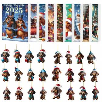 2025 节日降临节日历腊肠犬挂饰 24 件亚克力平面 2D 圣诞倒计时收藏礼品盒节日装饰品