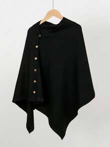 女士纯色斗篷一件装，时尚百搭宽松斜扣装饰披肩斗篷外套，春秋季连衣裙穿着。 - 彩色 - 查看 2
