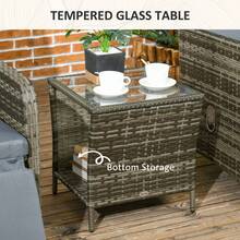 Outsunny 3 Pieces Garden Rattan Bistro Set With Adjustable Backrest, Balcony Conversation Furniture Set With 2 Armchairs Tempered Glass Coffee Table, Cushions, Storage Function - Mix-Grey - Grey - View 6