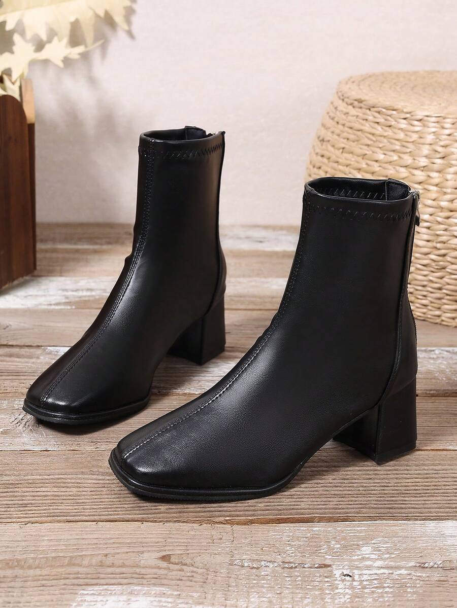 女士法式短靴，软皮粗跟高跟方头细靴，新款秋冬短筒保暖内衬靴 - 黑色 - 查看 1