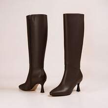 Athlefit Women's Kitten Heel Knee High Boots Square Toe High Heel Sexy Tall Boots With Side Zipper - 棕色 - 查看 3