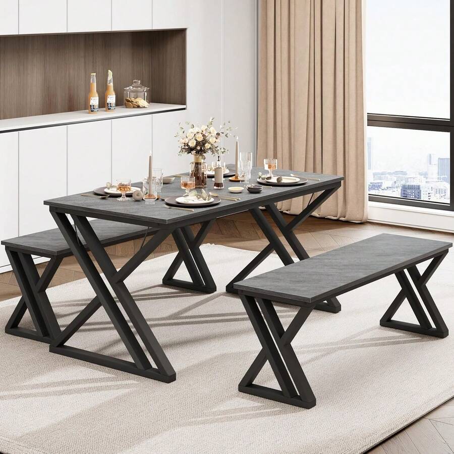 mteryoing Home Kitchen Table With Benches, 44.8" Dining Table Set For 4, Saving Space Dining Room Table Set For Kitchen, Dining Room, Apartment, Sturdy Metal Frame - 灰色 - 查看 1