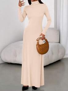 Women's Dress Fall Long-Sleeved Turtleneck Stylish Slim-Fit Knitted Maxi Dress Wedding Guest Party Casual Wear - 杏色 - 查看 3