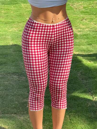 Womens Gingham Capri Pants High Waisted Skinny Fit Lace Cuffs Plaid Short Pants Summer Capris Leggings