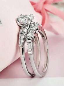 2Pcs Sparkling Cubic Diamond Ring, High-Quality Engagement Ring, Low-Key Luxury, Skin-Friendly And Comfortable, Suitable For Daily Wear, Women's Valentine's Day, Wedding Anniversary Party Jewelry, The Ultimate Choice For Mothers And Girlfriends