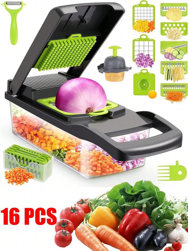 16 PCS 17 PCS Vegetable Chopper, Chopper, Multi-Functional 13-In-1 Food Chopper, Onion Chopper, Vegetable Slicer, Picker, Vegetable Chopper, With 8 Blades, Leaky Bowl, Salad Container, Potato, Carrot, Garlic