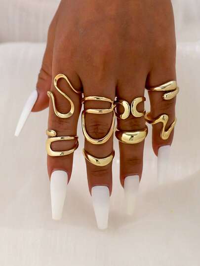 8Pcs/Set Fashion Bohemian Geometric Hollow Asymmetrical Abstract Design Adjustable Gold Rings Set For Women Jewelry Accessories