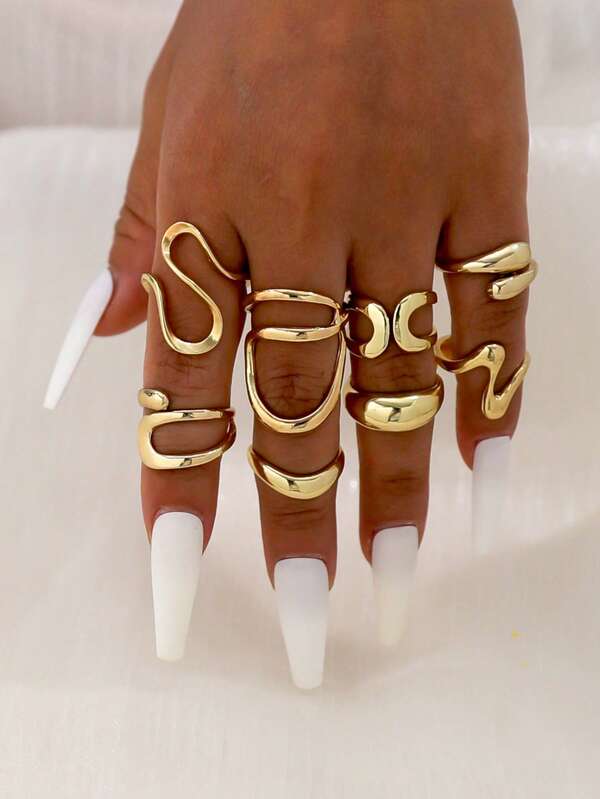 8Pcs/Set Fashion Bohemian Geometric Hollow Asymmetrical Abstract Design Adjustable Gold Rings Set For Women Jewelry Accessories