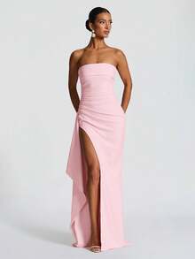 露背修身开衩连衣裙，配腰带，伴娘礼服，万圣节派对礼服，圣诞节派对礼服，优雅 - 粉色 - 查看 4