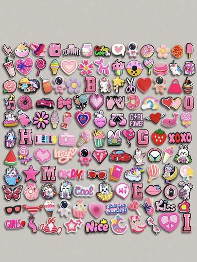 16-23-33-53-61 piezas Paquete de serie mixta rosa plano, ballena, postre, unicornio, gato, mariposa, estrella de mar, artículos de papelería, lavable, accesorios de moda de punta, ilumina cada paso del estilo, incrustado en los zapatos de la artesanía, perla brillante, lindo uso diario de verano