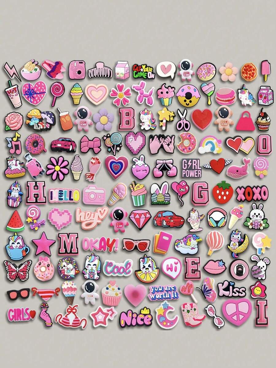 16-23-33-53-61 PCS Flat Pink Mixed Package Series, Whale, Dessert, Unicorn, Cat, Butterfly, Starfish, Stationery, Detachable Washing, Pointe Fashion Accessories, Light Up Every Step Of Style, Inlaid In The Shoes Of The Craft Pearl Shining Bright, Cute Summer Daily Wear