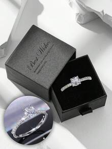 Gift Box Set - Minimalist & Elegant Cubic Zirconia Ring, Copper White Gold Plated, Suitable For Women Engagement, Wedding, Holiday Gift